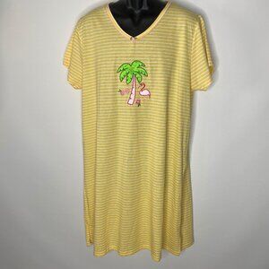 Allyson Whitmore Sleep Shirt Womens 2X Yellow White Striped Pink Flamingo Tropic